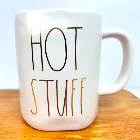 Rae Dunn “Hot Stuff” cream coffee mug, large cup, gold graphic, Collectible New - Picture 1 of 5
